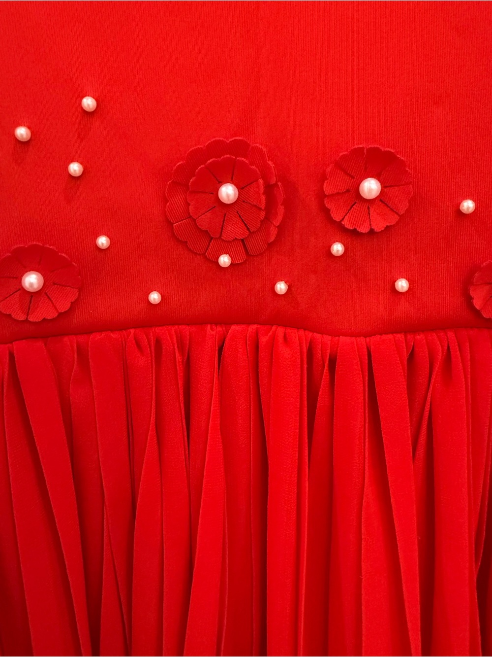 NEW deux par deux Red Pleated Party Dress with Floral and perl Bead Accents - Picture 2 of 6